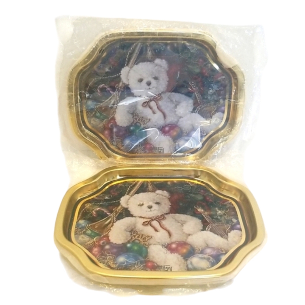 NEW Vintage Christmas Festive Teddy Bear Small Tin Trays - Set of Eight